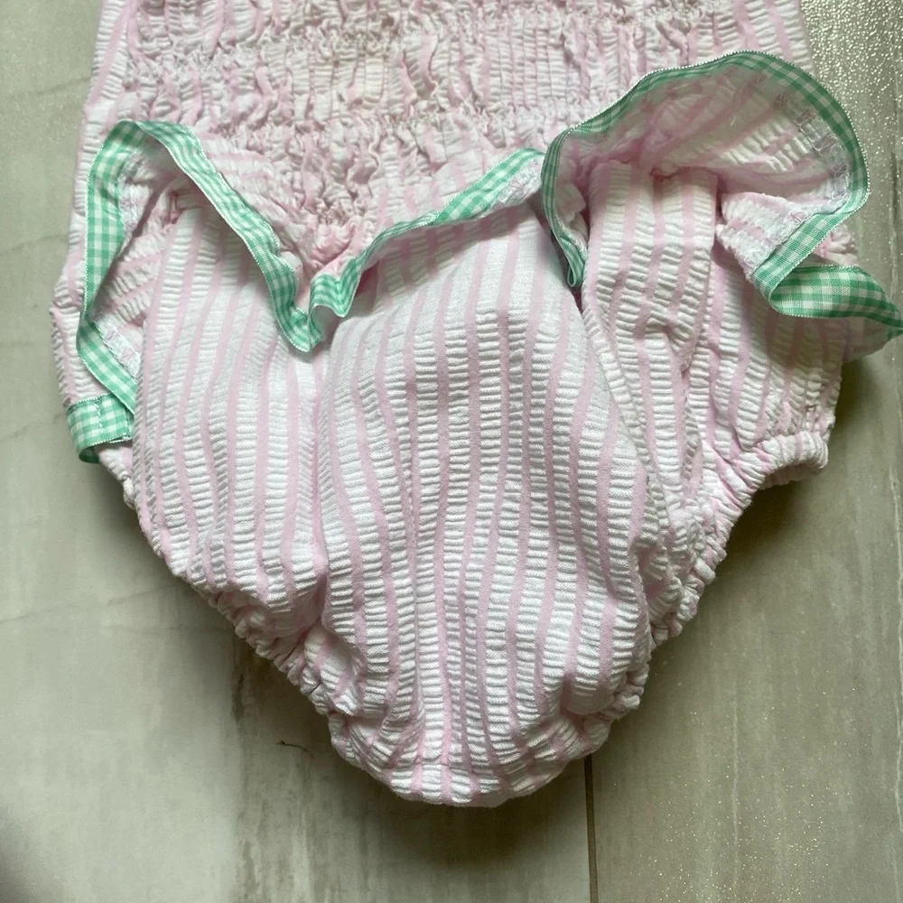 Funtasia Too! Light Pink Seersucker One-Piece Swimsuit with Smocked Back, 4T